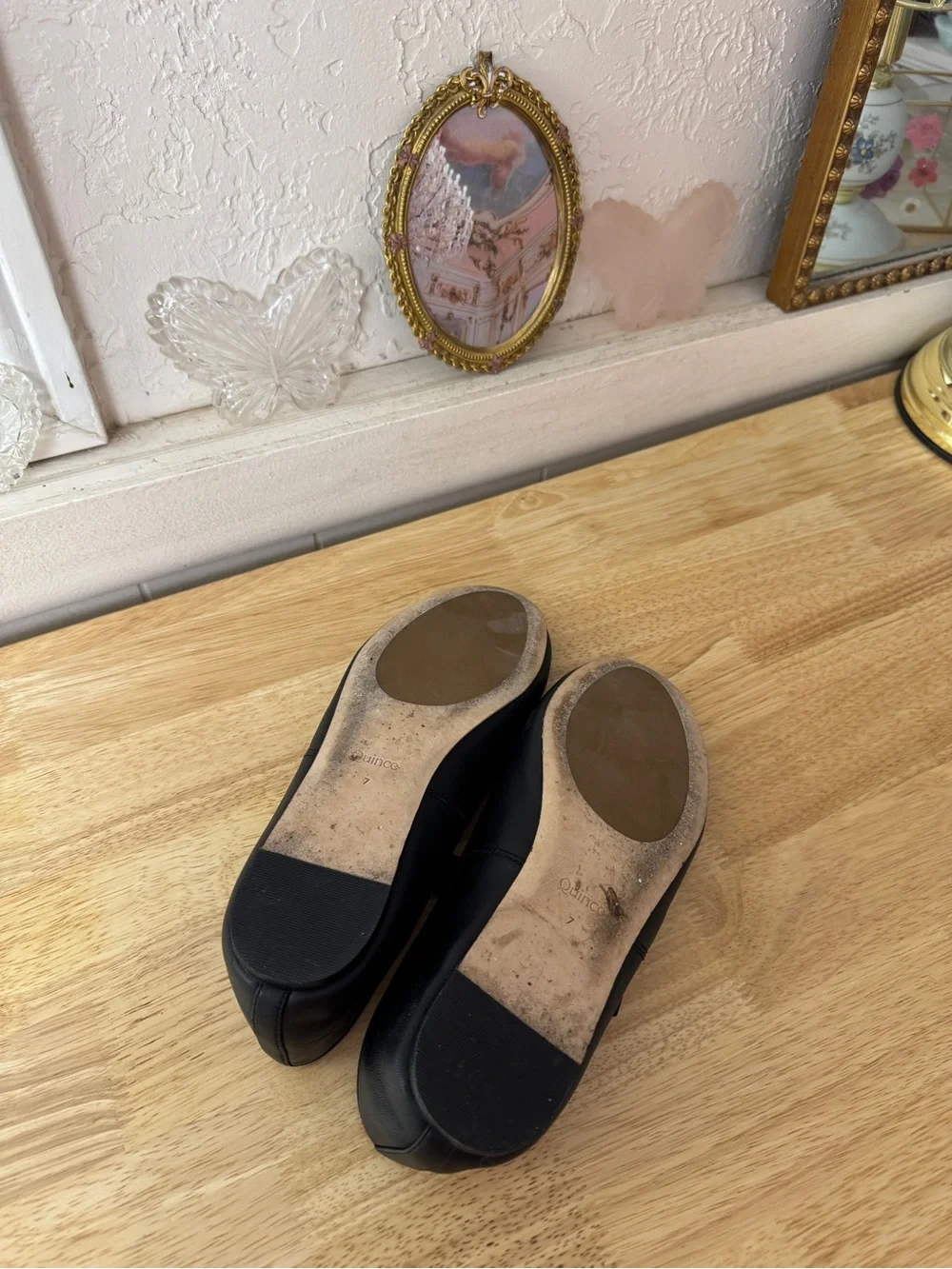 Quince Black Leather Mary Jane Ballet Flats Bow Slip-On Shoes Size 7 BalletCore